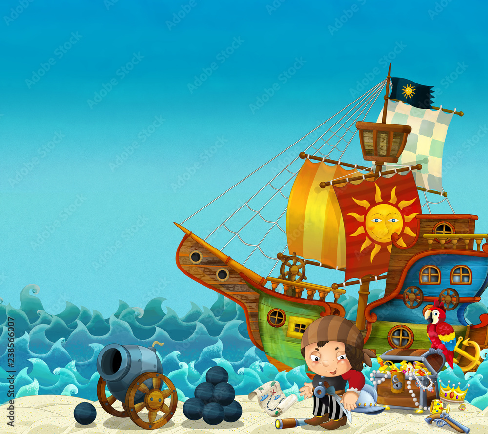 Naklejka premium Scena kreskówki plaży w pobliżu morza lub oceanu - piracki kapitan na brzegu z armatą i skarbem - statek piracki - ilustracja dla dzieci