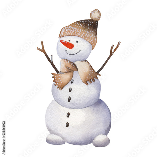 Watercolor cartoon snowman isolated on white background