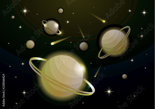 Fototapeta Naklejka Na Ścianę i Meble -  Fantastic space background with planets with ring, stars and comets. Astronomy and space, celestial objects, astrology and the universe, the space of galaxies and cosmic lights. Vector illustration.