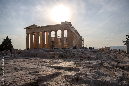 Parthenon on Acropolis, Athens, Greece. It is a main tourist attraction of Athens. Ancient Greek architecture of Athens in summer. Ruins of a famous landmark of Athens on the top of Acropolis hill..