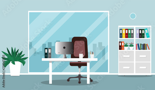 Flat office concept illustration. Chair, desk, vases, computer, window. Vector illustration