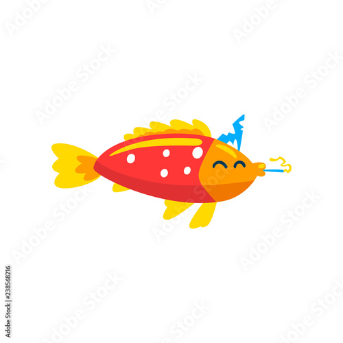 Cute fish in party hat with horn blower, little sea creature character, marine theme design element can be used for kids party invitation, greeting card vector Illustration