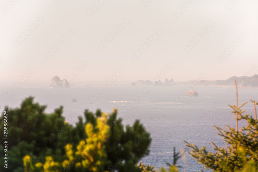 View of multiple Islets that stand out in the Pacific Ocean amid the haze in Southern Oregon, USA