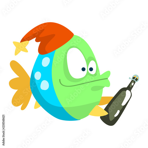 Funny fish in party hat with bottle, little sea creature character, marine theme design element can be used for kids party invitation, greeting card vector Illustration