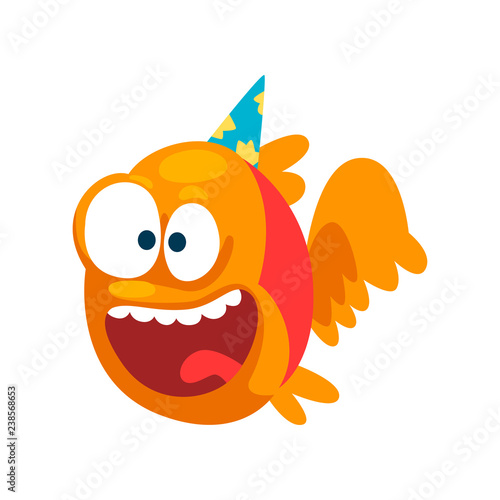 Funny smiling fish in party hat, little sea creature character, marine theme design element can be used for kids party invitation, greeting card vector Illustration