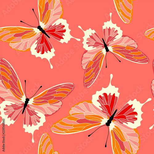 Seamless pattern with butterflies, coral color design. Vector butterfly background..