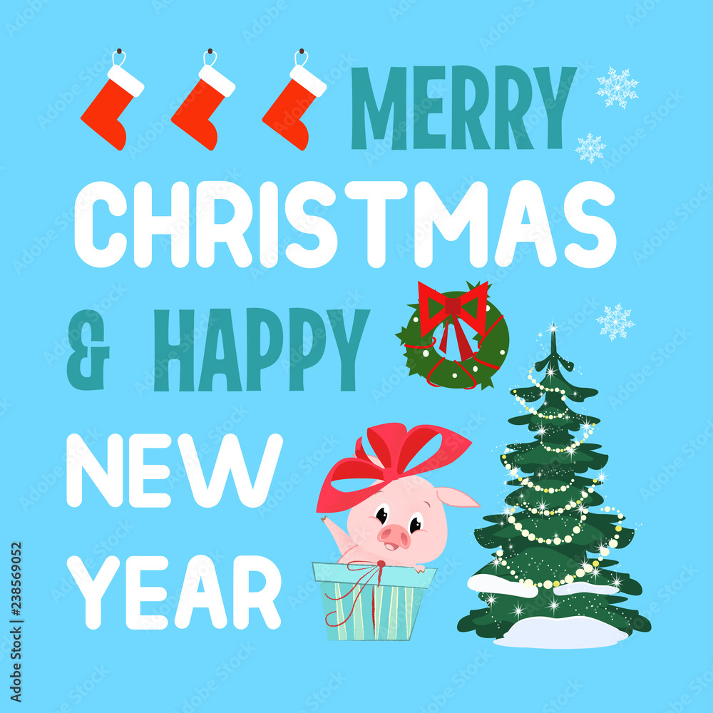 Merry Christmas lettering with fir-tree, piglet and wreath. Christmas greeting card. Handwritten text, calligraphy. For leaflets, brochures, invitations, posters or banners. Merry Christmas lettering with fir-tree, piglet and wreath. Christmas greeting card. Handwritten text, calligraphy. For leaflets, brochures, invitations, posters or banners.