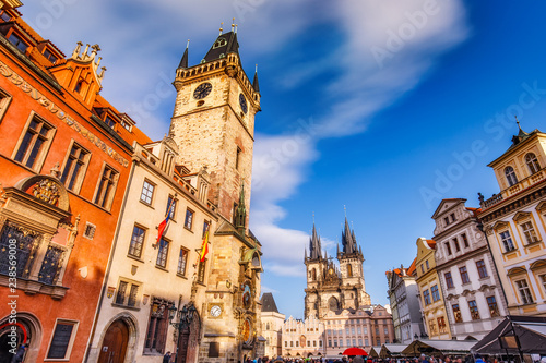 Scenic view on Old Town Hall Tower in Prague. Beautiful travel background.