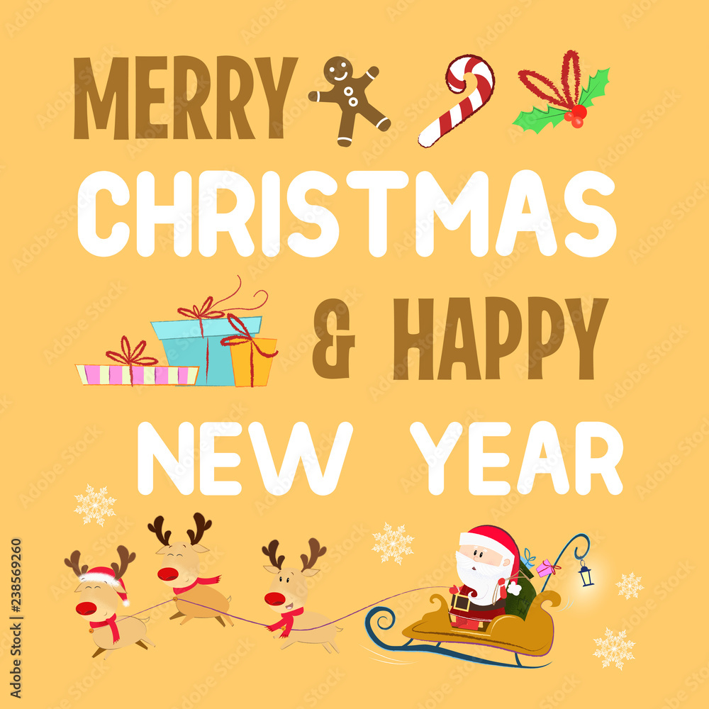 Obraz premium Merry Christmas lettering with gifts and Santa Claus in sleigh. Christmas greeting card. Handwritten text, calligraphy. For leaflets, brochures, invitations, posters or banners.