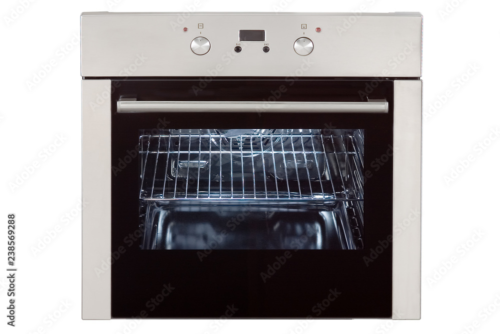 Built-In Gas Oven Isolated on White Background. Front View of Stainless Steel Oven with a Large-Capacity Warming Drawer. Range Cooker. Kitchen and Domestic Appliances Built-In Gas Oven Isolated on White Background. Front View of Stainless Steel Oven with a Large-Capacity Warming Drawer. Range Cooker. Kitchen and Domestic Appliances