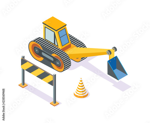 Excavator, Road Plastic Cone and Wooden Stand