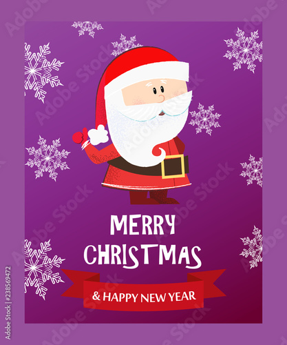 Merry Christmas lettering with Santa Claus on purple background. Christmas greeting card. Typed text, calligraphy. For leaflets, brochures, invitations, posters or banners. © PCH.Vector