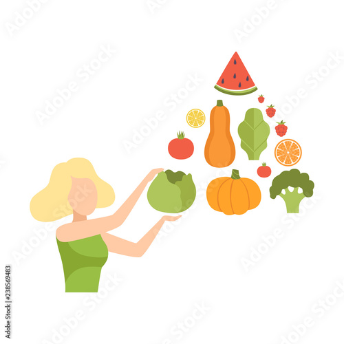 Young woman with a pyramid of vegetables and fruits, healthy eating, diet, organic vegan food vector Illustration