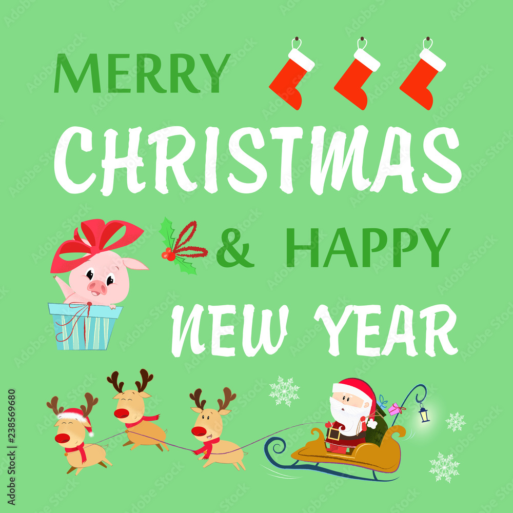 Fototapeta premium Merry Christmas lettering, Santa Claus in sleigh, reindeers and piglet. Christmas greeting card. Handwritten text, calligraphy. For leaflets, brochures, invitations, posters or banners.