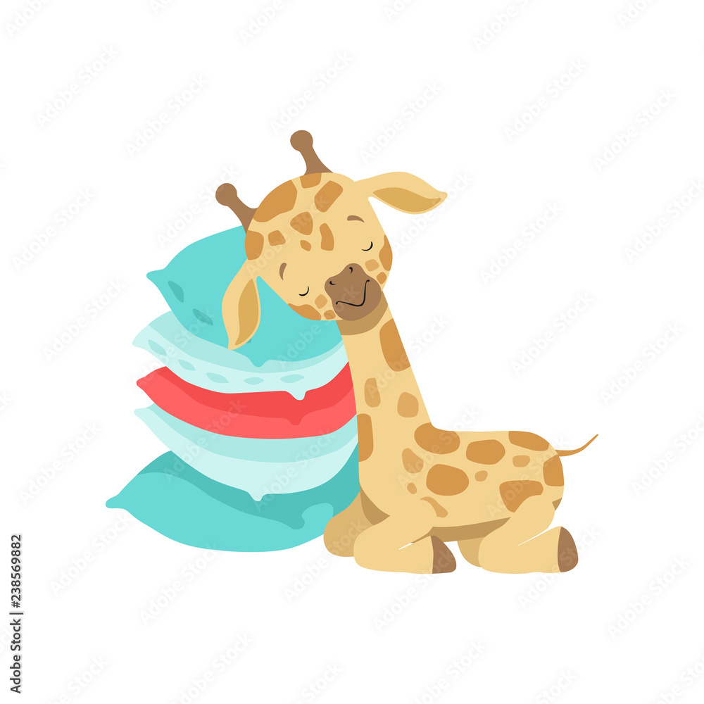 Cute little giraffe sleeping on a stack of pillows, funny jungle animal cartoon character vector Illustration on a white background Cute little giraffe sleeping on a stack of pillows, funny jungle animal cartoon character vector Illustration on a white background