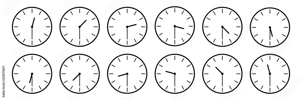horizontal set of analog clock icon notifying each half an hour time isolated on white,vector illustration horizontal set of analog clock icon notifying each half an hour time isolated on white,vector illustration