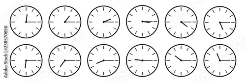horizontal set of analog clock icon notifying each quarter 15 minutes isolated on white,vector illustration