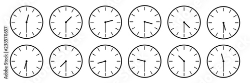 horizontal set of analog clock icon notifying each half an hour time isolated on white,vector illustration