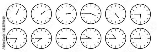 horizontal set of analog clock icon notifying each quarter 45 minutes isolated on white,vector illustration