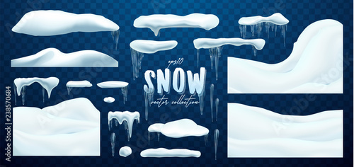 Vector collection of snow caps, pile, icicles, isolated on background, transparent, ice, snowball and snowdrift. 3d Winter decorations, Christmas, snow texture, white elements, holiday design.