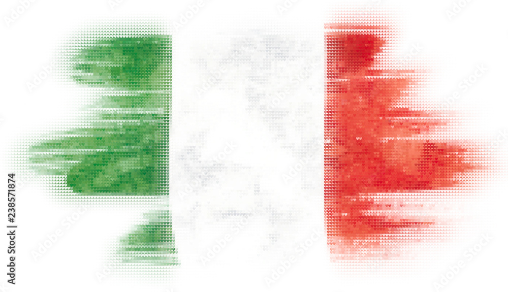 Mosaic heart tiles painting of Italian flag blown in the wind isolated on white background. Mosaic heart tiles painting of Italian flag blown in the wind isolated on white background.