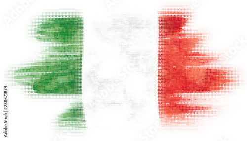 Mosaic heart tiles painting of Italian flag blown in the wind isolated on white background.