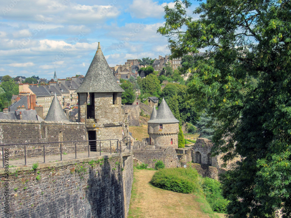 Wall and towers in the Medieval town and Castle of Fougeres, Brittany, northwestern France