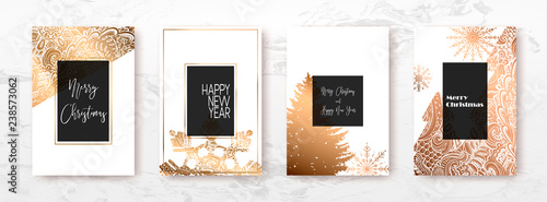 Merry Christmas and Happy New Year 2019 golden cards, vector illustration. Luxury gold design, greeting holiday banner, gift template, invitation...