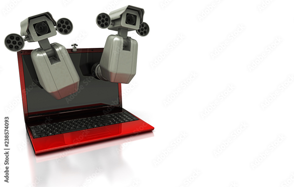 Spy cam che osservano da un laptop, concetto di privacy, illustrazione 3d Spy cam che osservano da un laptop, concetto di privacy, illustrazione 3d