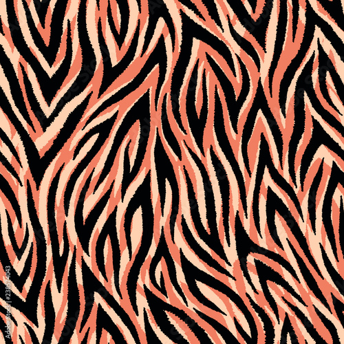 Exotic animal skin seamless pattern. Tiger stripes and lines background. Black and orange repeating backdrop. Detailed hand-drawn vector illustration. Animalistic print for fabrics  posters  banners.