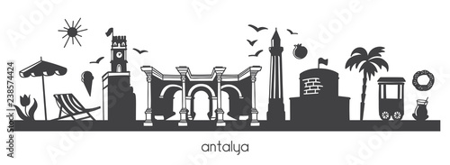 Vector modern illustration Antalya, Turkey with hand drawn doodle turkish symbols. Horizontal panoramic scene for banner or print design. Flat minimalistic style with black elements. - Vector 