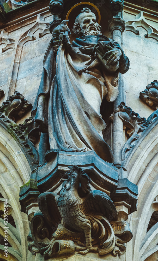 Czech republic, Brno city, gothic sculpture on the cathedral facade. Old statue, medieval church exterior.