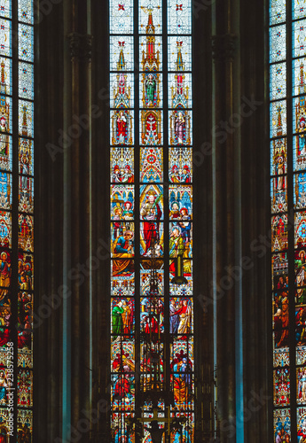 Czech, Brno, Cathedral colorful sainted glass decoration. Gothic church stained-glass window, medieval art.