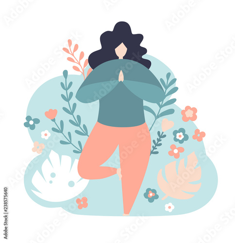 Modern vector illustration of a meditating woman in the tree position. Cute flat female character. Oversized girl with doodle flowers and twigs on the blue background. Yoga and meditation concept. - V