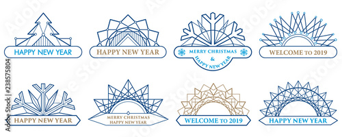 Set of semicircular Christmas ornaments. Border made of lines. Geometric New ...