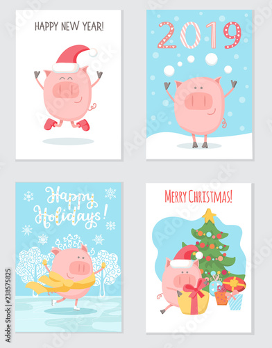 Lovely set of greeting cards with the symbol of the Chinese New Year Pig 2019. Cute doodle flat character for Christmas print design in different poses and various situations. - Vector 