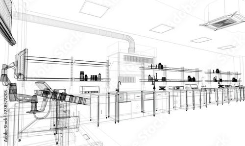 Interno architettonico, laboratorio di analisi biochimiche con attrezzature senza persone, illustrazione 3d photo