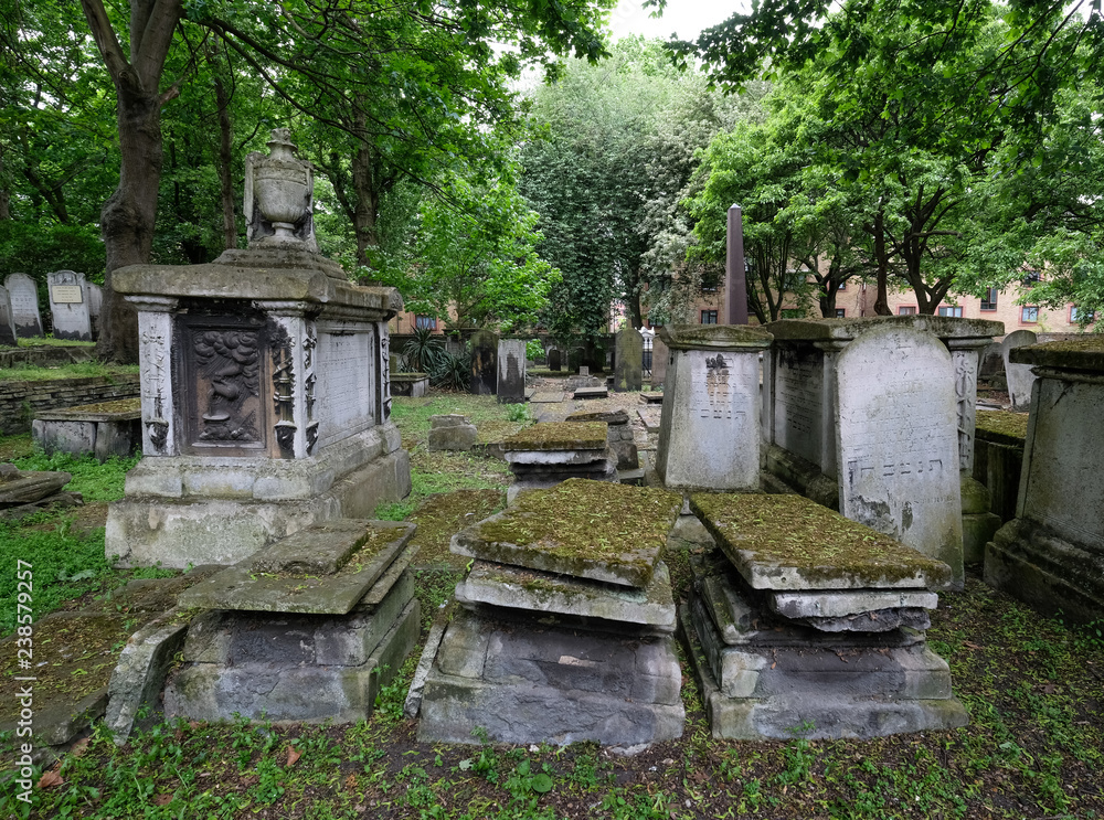 Tombstones at the historic Jewish cemetery at Brady Street, Whitechapel, East London UK. Tombstones at the historic Jewish cemetery at Brady Street, Whitechapel, East London UK.