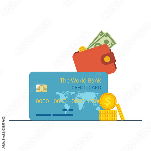 Credit card purchase and payment concept. Debt repayment, repayment of a debt, credit card debt. Loan repayment, return of funds to the card. Vector illustration.