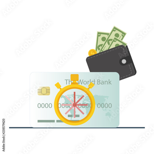 Credit card purchase and payment concept. Debt repayment, repayment of a debt, credit card debt. Loan repayment, return of funds to the card. Vector illustration.