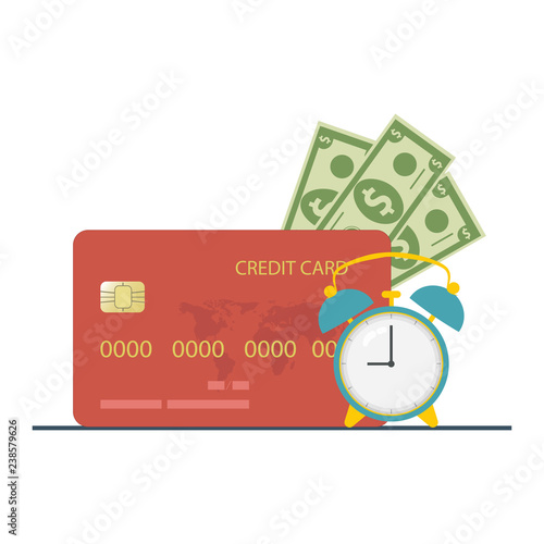 Credit card purchase and payment concept. Debt repayment, repayment of a debt, credit card debt. Loan repayment, return of funds to the card. Vector illustration.