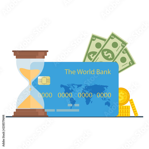 Credit card purchase and payment concept. Debt repayment, repayment of a debt, credit card debt. Loan repayment, return of funds to the card. Vector illustration.