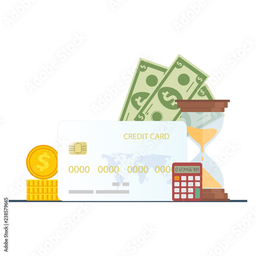 Credit card purchase and payment concept. Debt repayment, repayment of a debt, credit card debt. Loan repayment, return of funds to the card. Vector illustration.