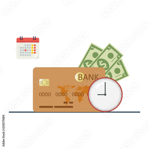 Credit card purchase and payment concept. Debt repayment, repayment of a debt, credit card debt. Loan repayment, return of funds to the card. Vector illustration.
