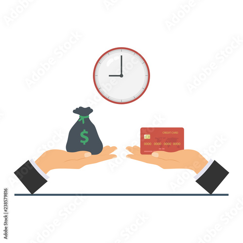Credit card purchase and payment concept. Debt repayment, repayment of a debt, credit card debt. Loan repayment, return of funds to the card. Vector illustration.