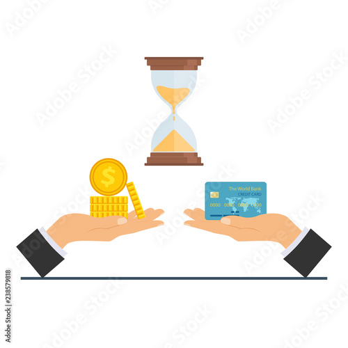 Credit card purchase and payment concept. Debt repayment, repayment of a debt, credit card debt. Loan repayment, return of funds to the card. Vector illustration.