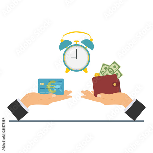 Credit card purchase and payment concept. Debt repayment, repayment of a debt, credit card debt. Loan repayment, return of funds to the card. Vector illustration.