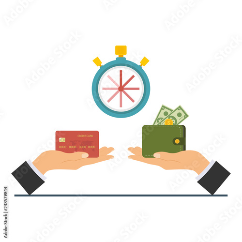 Credit card purchase and payment concept. Debt repayment, repayment of a debt, credit card debt. Loan repayment, return of funds to the card. Vector illustration.