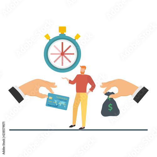 Credit card purchase and payment concept. Debt repayment, repayment of a debt, credit card debt. Loan repayment, return of funds to the card. Vector illustration.