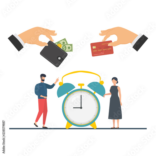 Credit card purchase and payment concept. Debt repayment, repayment of a debt, credit card debt. Loan repayment, return of funds to the card. Vector illustration.